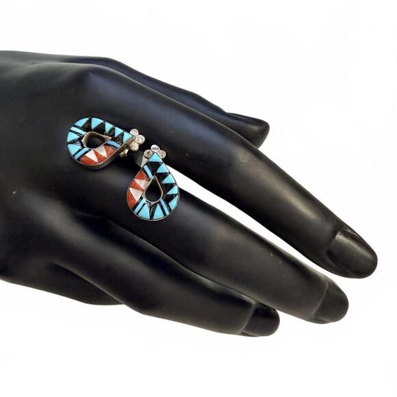 VTG LAAHTY Zuni Handmade Turquoise Multi-Stone Silver 925 Channel Inlay Earrings - Picture 2 of 7